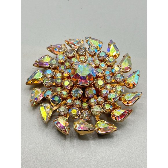 Kramer of NY Signed Vintage Pin Brooch AB Aurora Borealis Stones Layered Design - Picture 7 of 7